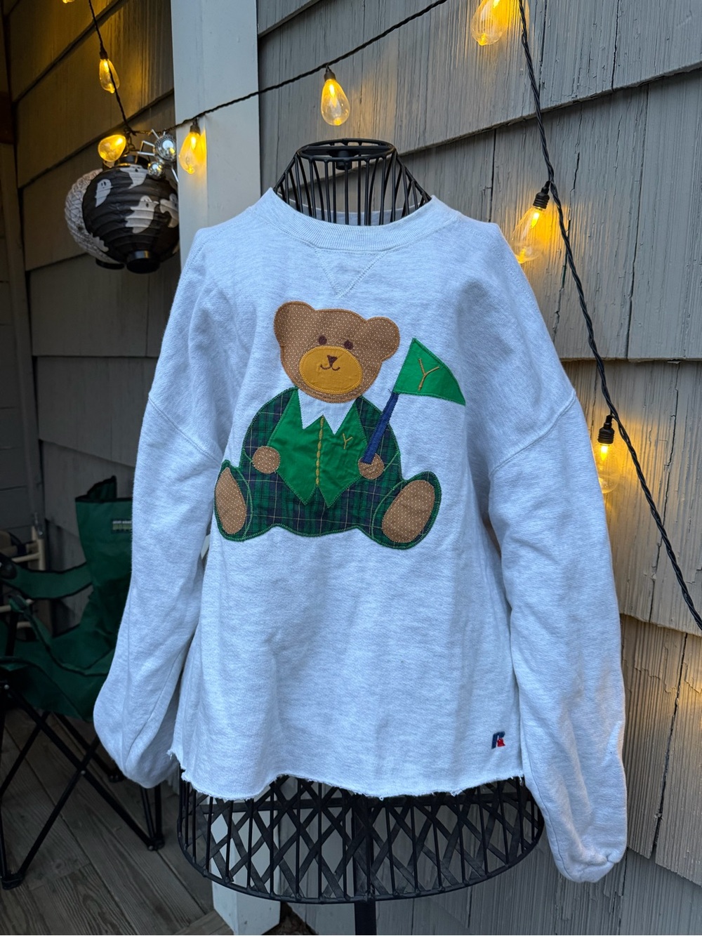 Russell Athletic White Sweatshirt with Green Plaid Bear Patch